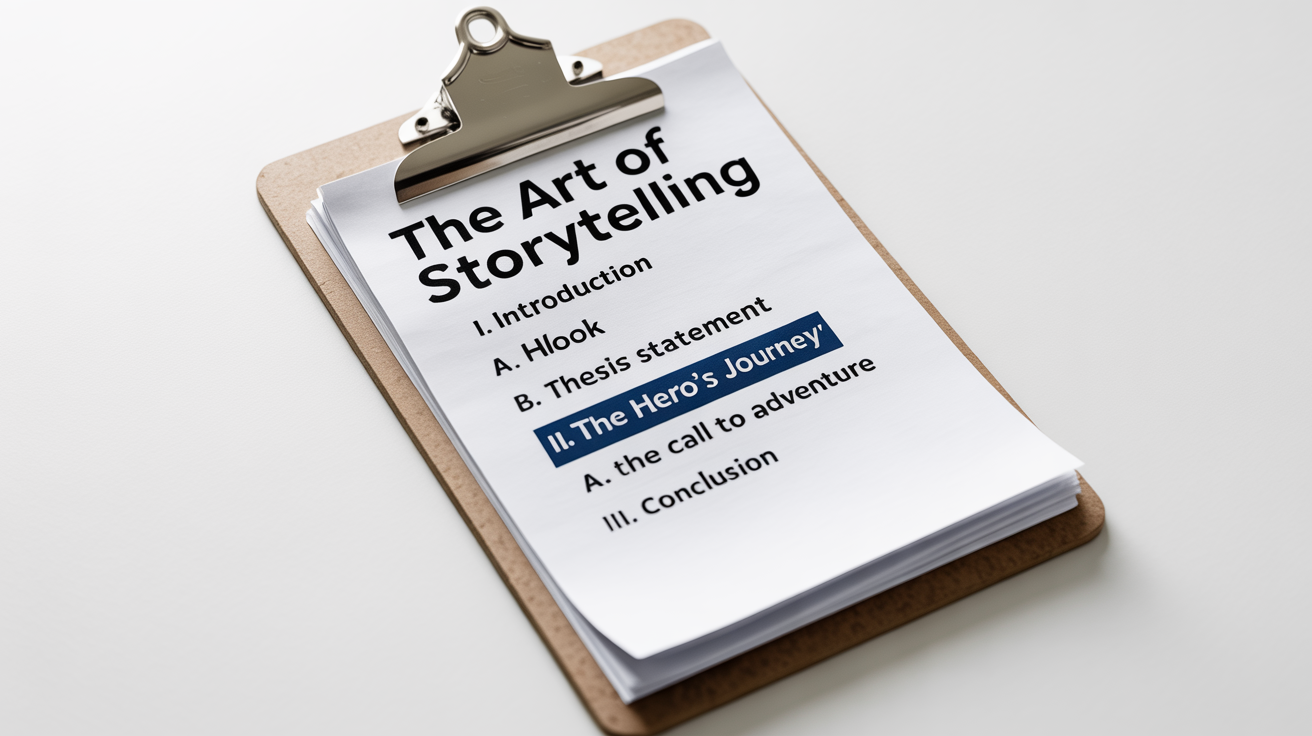 A minimalist image of a structured text outline titled 'The Art of Storytelling' on a sheet of paper, representing clarity and organization.