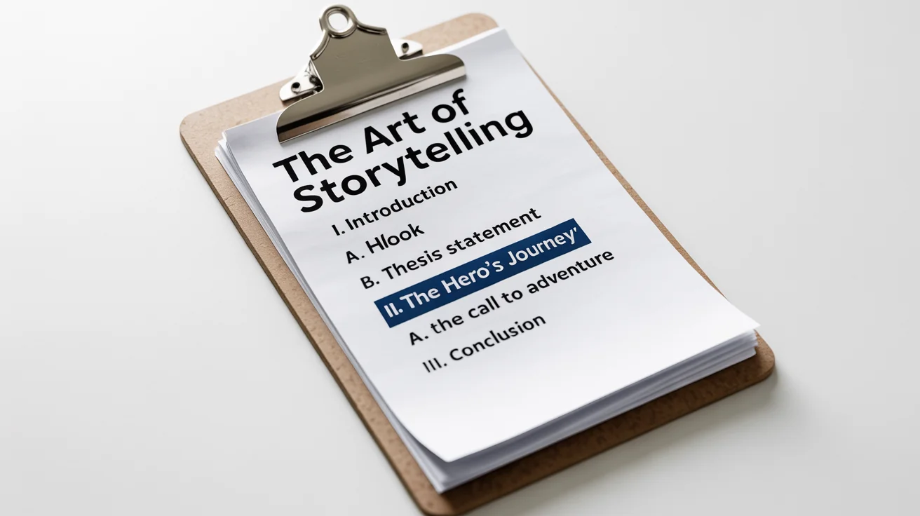 A minimalist image of a structured text outline titled 'The Art of Storytelling' on a sheet of paper, representing clarity and organization.