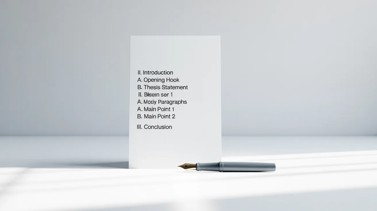 A top-down view of a neatly structured text outline on a white sheet of paper, with a minimalist black pen beside it, all on a clean white background, symbolizing organization and planning.