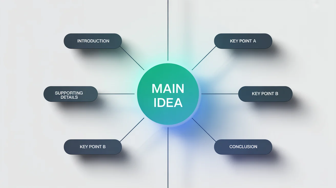 A graphic illustration of a text outline mind map. A central circle labeled 'Main Idea' connects to other nodes labeled 'Introduction', 'Key Point A', 'Supporting Details', 'Key Point B', and 'Conclusion', showing a structured plan for writing.