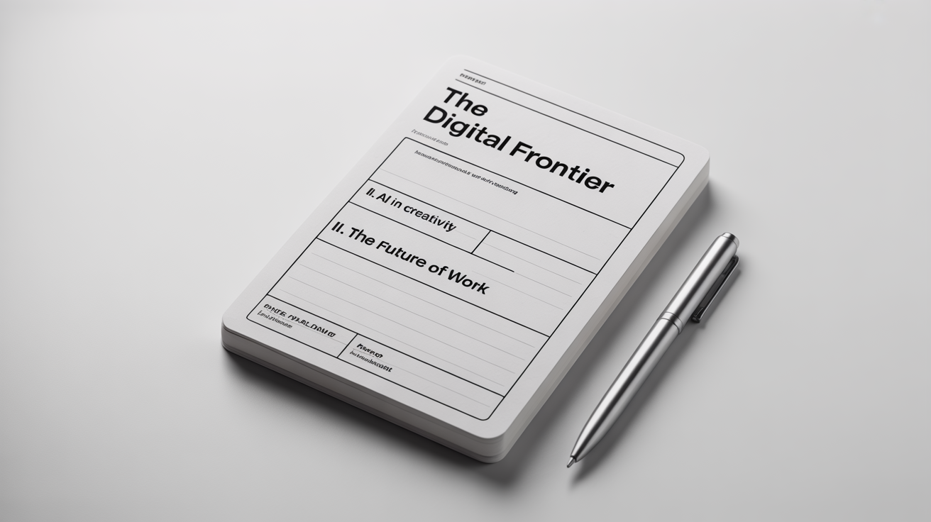 A top-down view of a notepad showing a structured text outline for a topic called 'The Digital Frontier,' with a pen beside it on a clean white background, representing organization and planning.