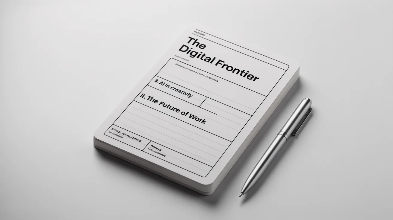 A top-down view of a notepad showing a structured text outline for a topic called 'The Digital Frontier,' with a pen beside it on a clean white background, representing organization and planning.