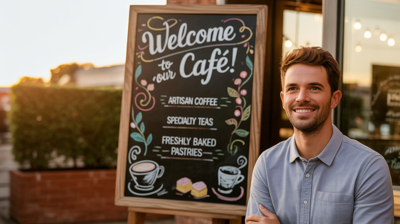A beautifully designed digital chalkboard sign for a café that reads 'Welcome to Our Café!' and lists menu items like coffee and pastries with decorative chalk illustrations.