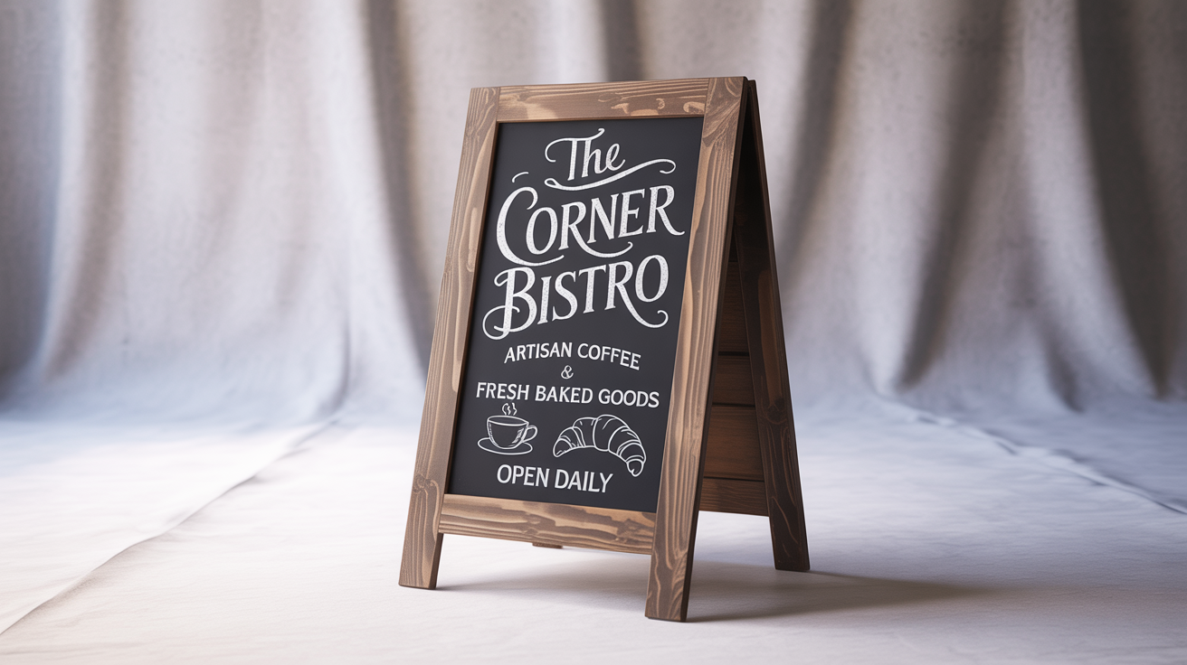 A rustic wooden A-frame chalkboard sign for 'The Corner Bistro', advertising artisan coffee and fresh baked goods with chalk drawings, on a white background.