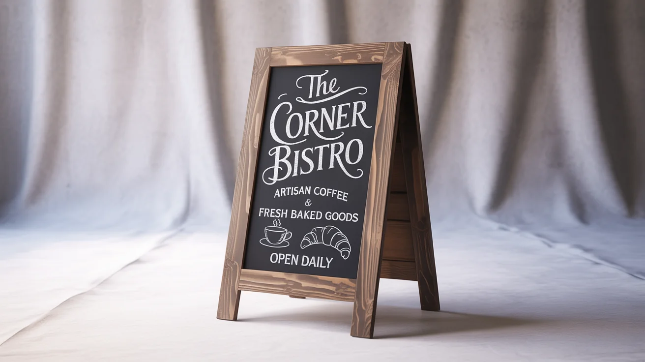 A rustic wooden A-frame chalkboard sign for 'The Corner Bistro', advertising artisan coffee and fresh baked goods with chalk drawings, on a white background.