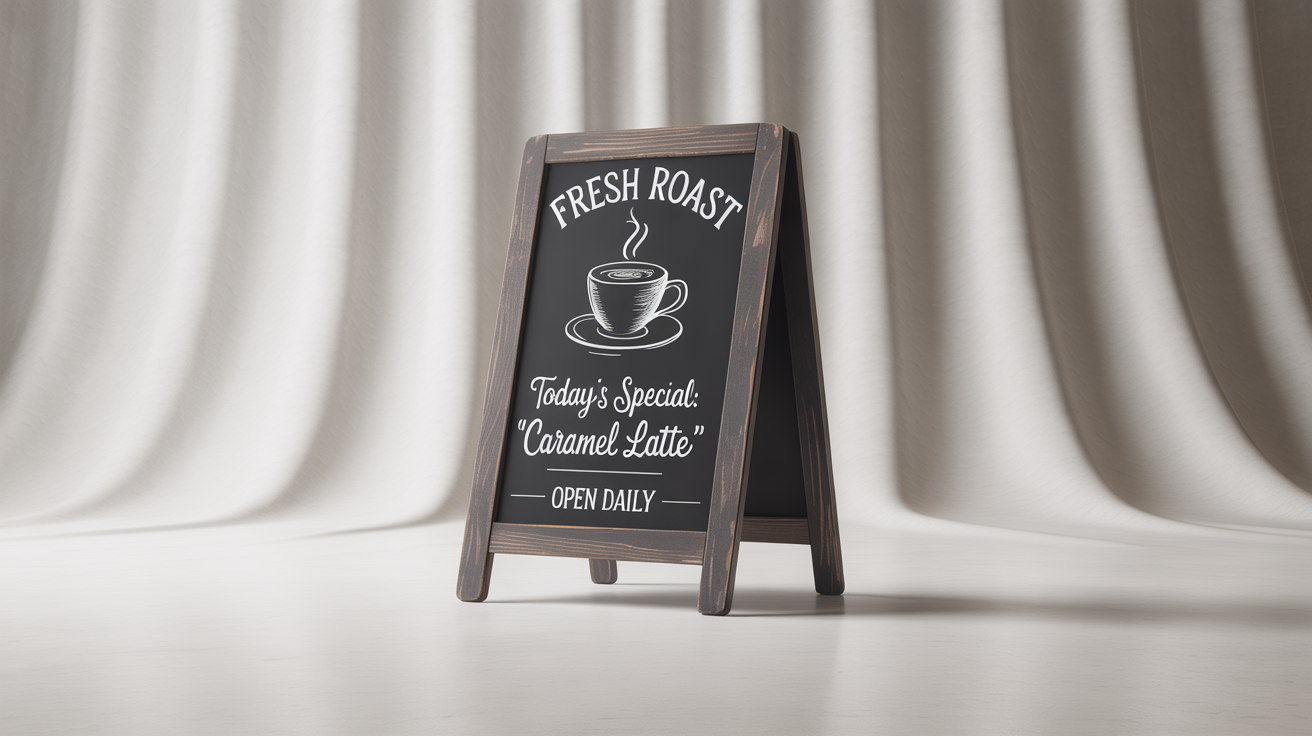 A photorealistic mockup of a wooden A-frame chalkboard sign on a white background, with 'FRESH ROAST' and 'Today's Special: Caramel Latte' written in artistic chalk lettering.