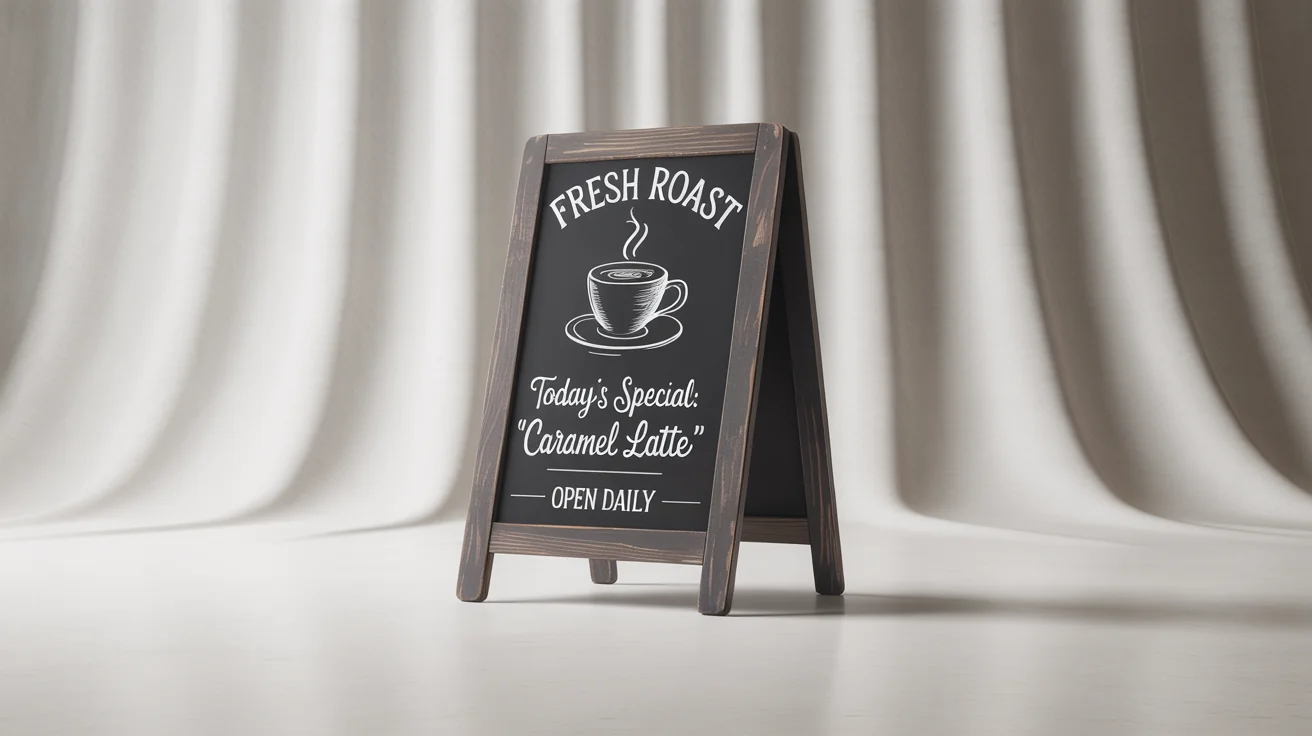A photorealistic mockup of a wooden A-frame chalkboard sign on a white background, with 'FRESH ROAST' and 'Today's Special: Caramel Latte' written in artistic chalk lettering.