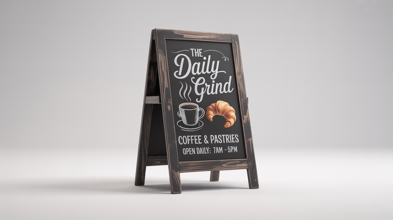 A rustic wooden A-frame chalkboard sign for a coffee shop named 'The Daily Grind', featuring handcrafted chalk lettering and drawings of a coffee cup and pastry, on a white background.