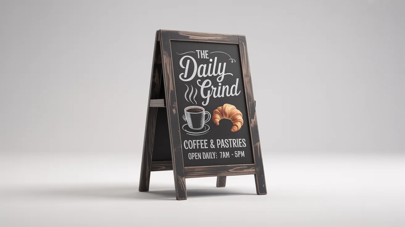 A rustic wooden A-frame chalkboard sign for a coffee shop named 'The Daily Grind', featuring handcrafted chalk lettering and drawings of a coffee cup and pastry, on a white background.