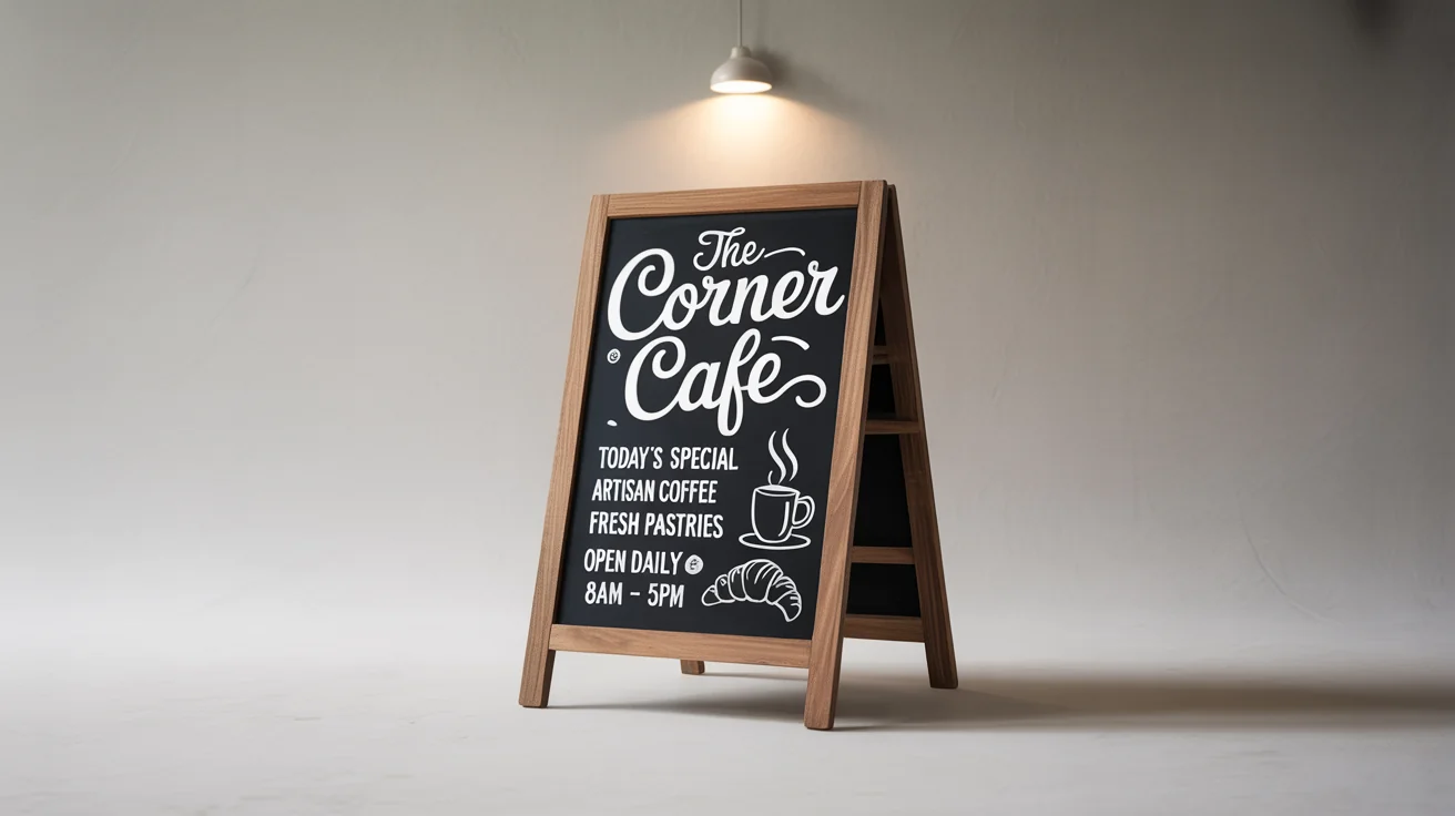 A rustic wooden A-frame chalkboard sign for 'The Corner Cafe', showcasing daily specials like 'Artisan Coffee' written in artistic chalk lettering, set against a white background.
