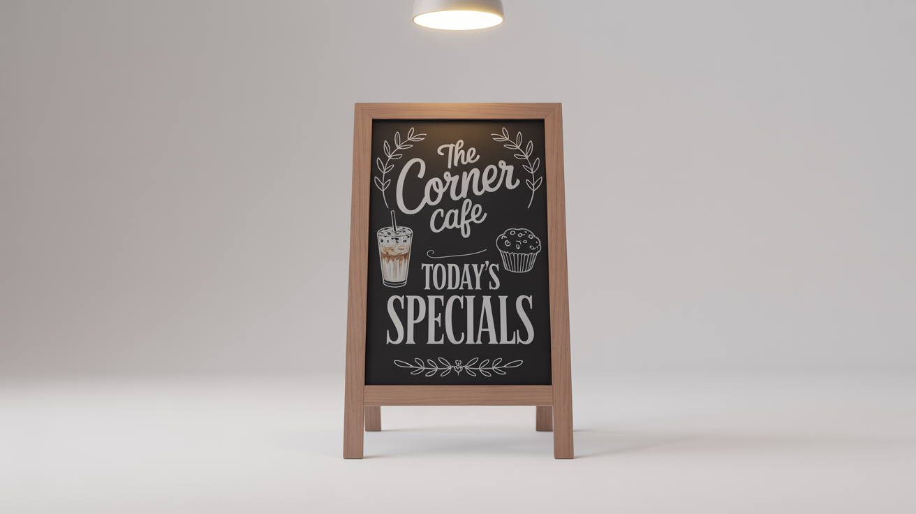 A professional mockup of a wooden A-frame chalkboard sign on a white background, advertising 'The Corner Cafe' and 'TODAY'S SPECIALS' in artistic chalk lettering.