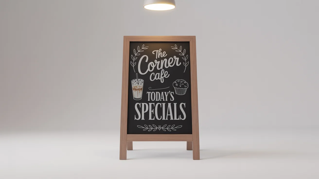 A professional mockup of a wooden A-frame chalkboard sign on a white background, advertising 'The Corner Cafe' and 'TODAY'S SPECIALS' in artistic chalk lettering.