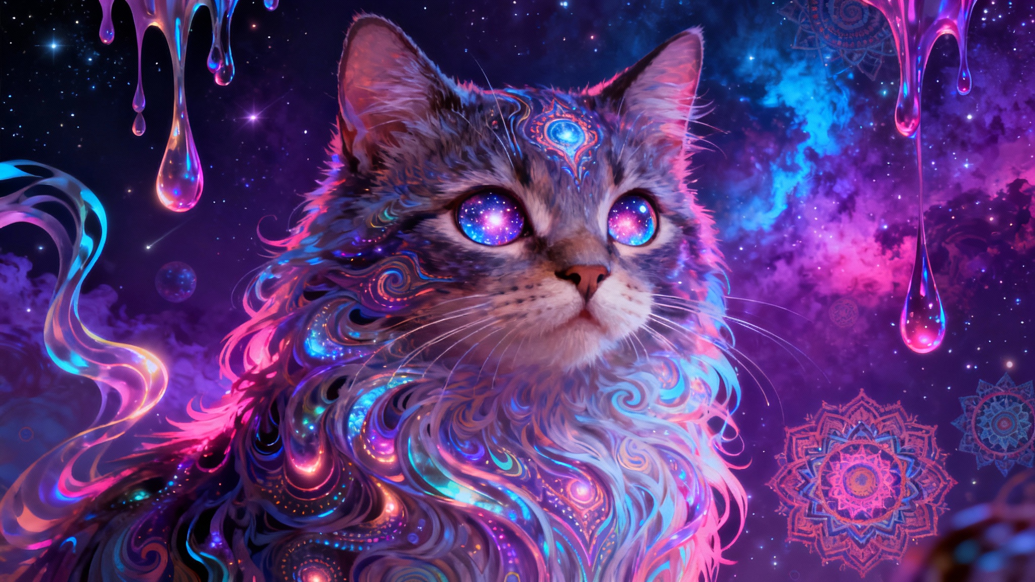 A stunning psychedelic artwork of a cat in a 16:9 aspect ratio. The cat is composed of vibrant, swirling neon patterns and is set against a cosmic background of abstract shapes and colors, creating a surreal and dreamlike scene.