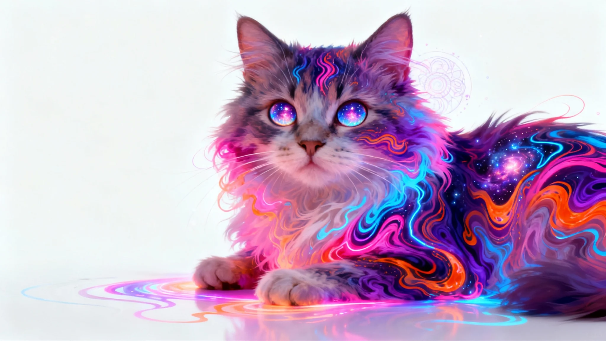 A psychedelic art piece of a majestic cat against a white background. The cat's fur is a swirl of vibrant neon colors and intricate patterns, and its eyes look like galaxies.