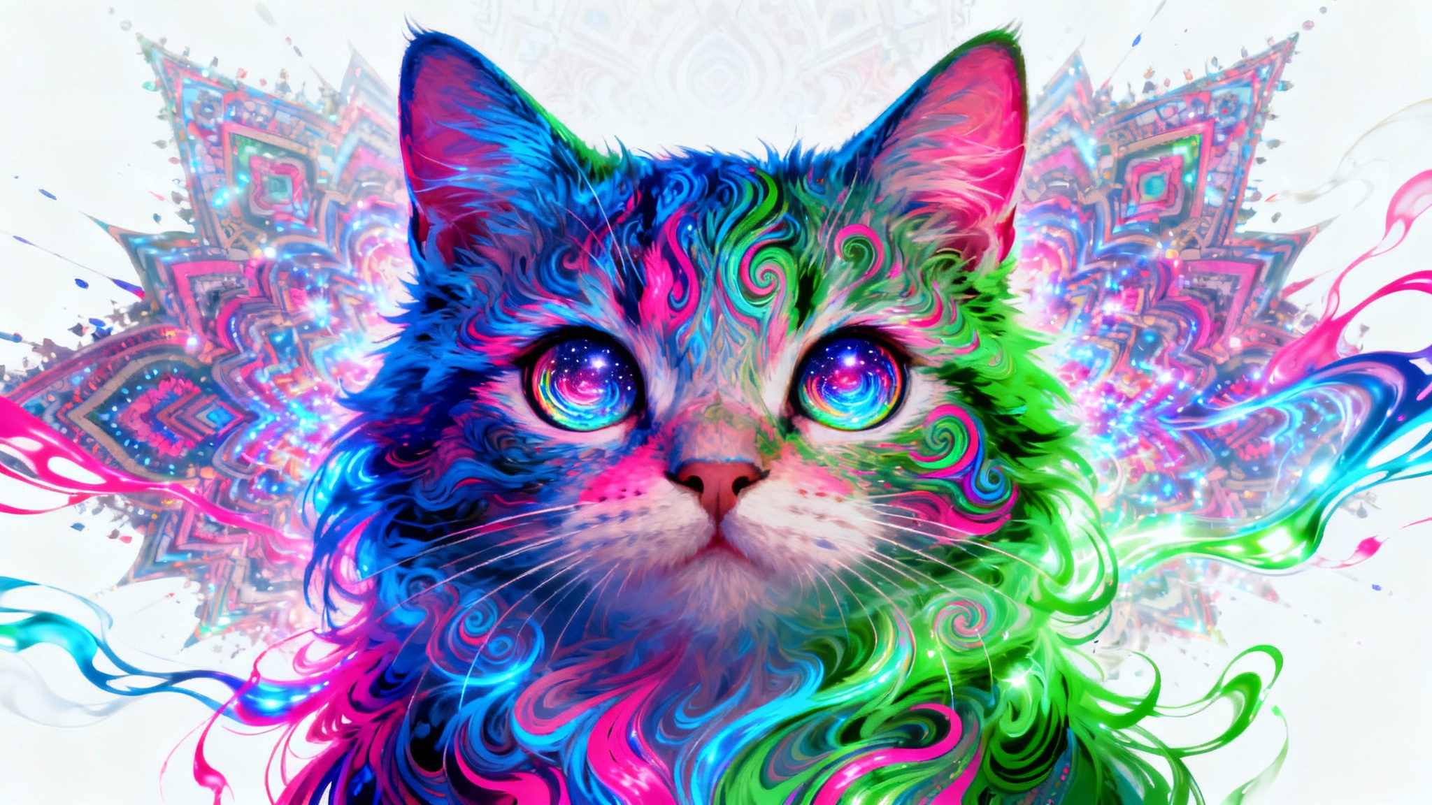 A vibrant psychedelic art piece of a cat's face, filled with swirling neon colors and fractal patterns, set against a plain white background.