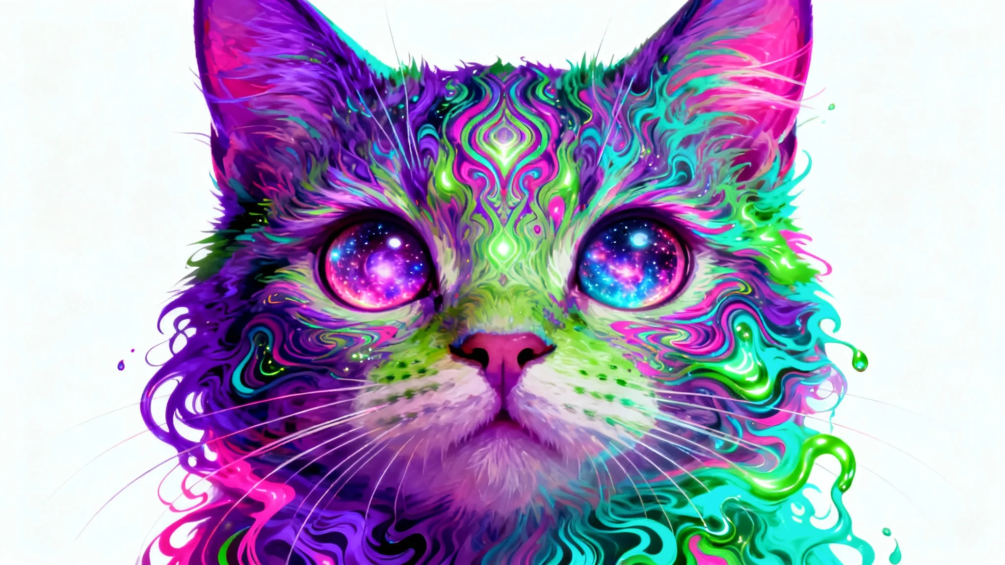 A psychedelic art piece featuring a close-up of a cat's face. The cat is rendered in a swirl of vibrant, neon colors and complex fractal patterns, isolated against a plain white background.