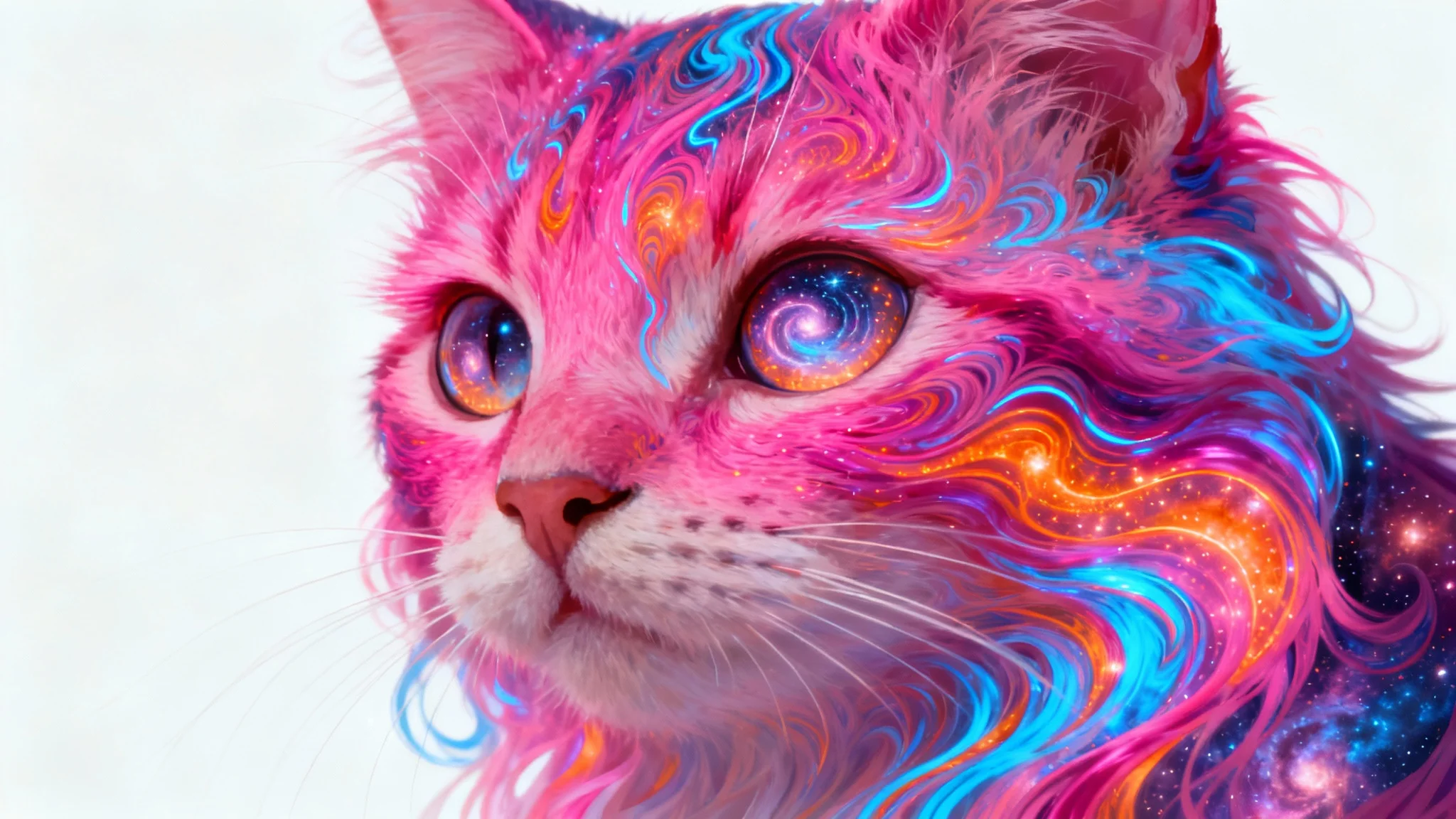 A psychedelic digital artwork of a cat's face on a white background. The cat's fur is a vibrant mix of swirling neon colors and fractal patterns, and its eyes look like tiny galaxies.