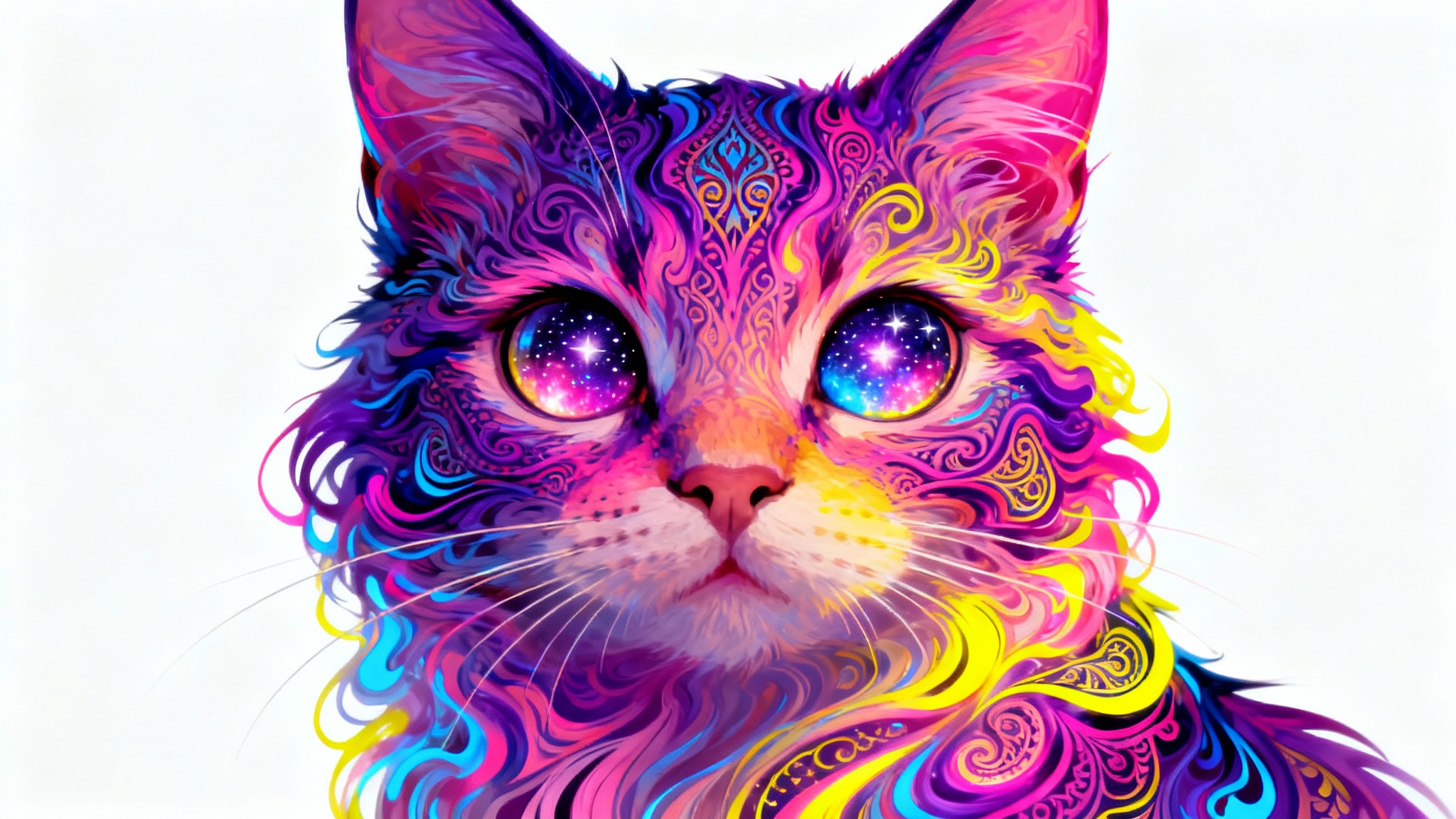 A psychedelic art piece of a cat's face. The cat has vibrant, swirling rainbow-colored fur with intricate patterns, and its eyes reflect a starry cosmos. The background is plain white.