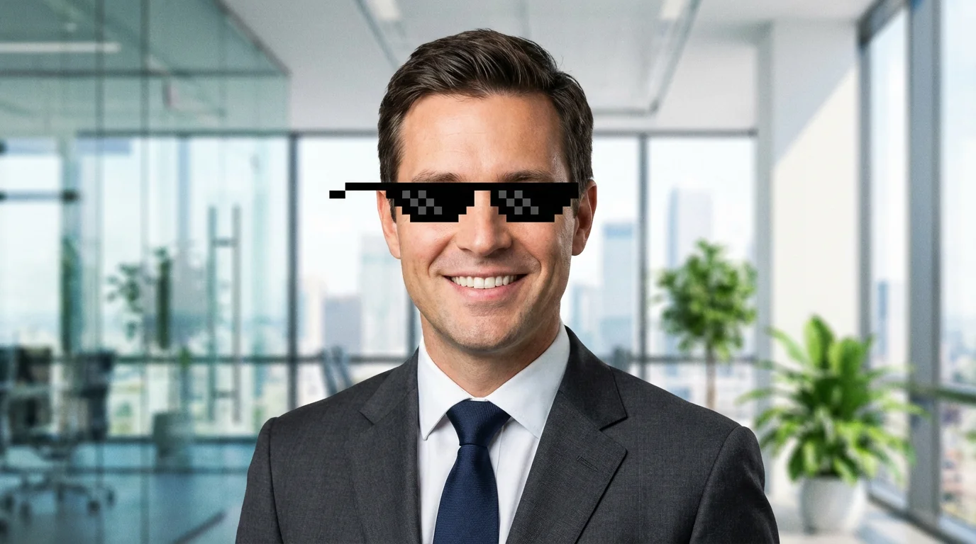 A businessman smiles confidently while wearing black pixelated 'deal with it' sunglasses in an office.