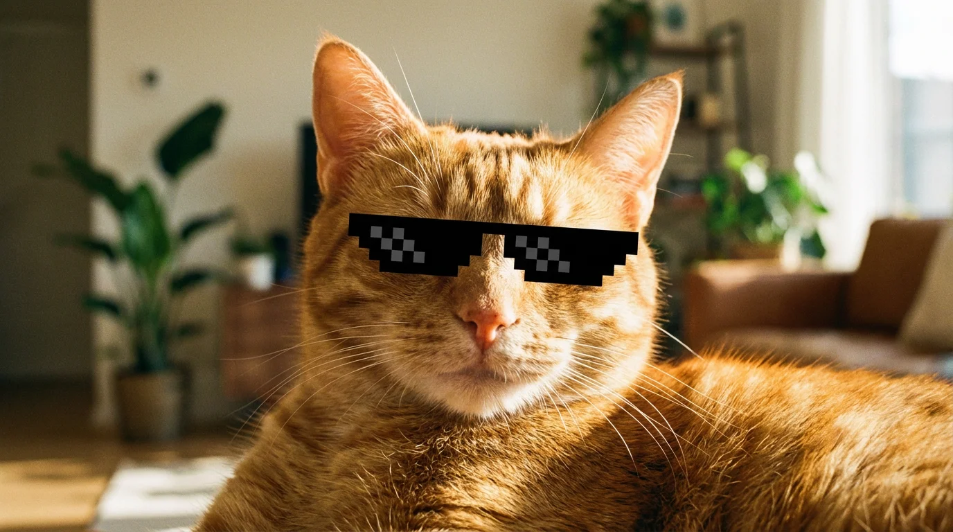 A close-up photo of a ginger tabby cat wearing pixelated black 'deal with it' sunglasses, looking smugly at the camera.
