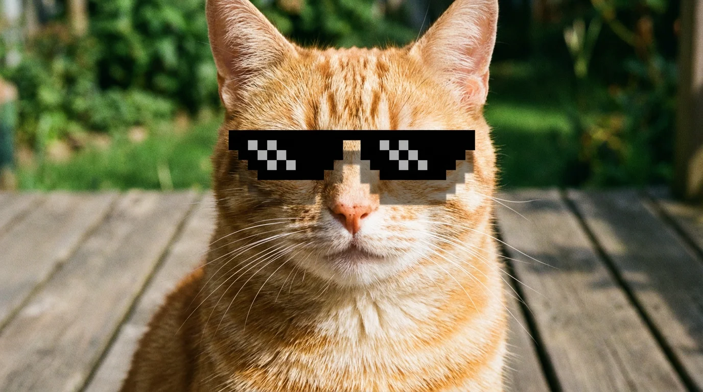 A close-up photo of a ginger cat wearing black pixelated 'deal with it' sunglasses while sitting on a sunny deck.