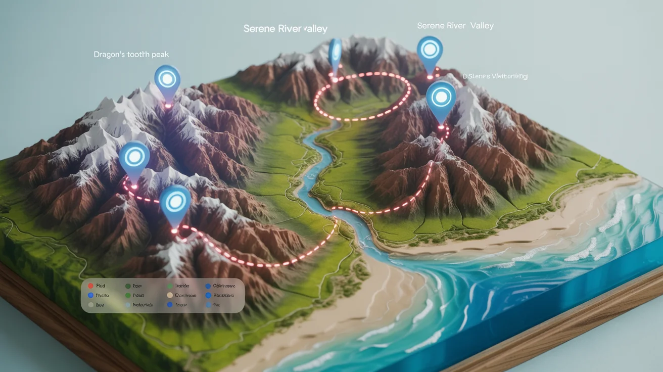 A polished 3D diorama map with mountains, a valley, and a beach, shown from an isometric perspective. The map is enhanced with design elements like glowing location pins, a marked trail, and text labels for different areas, representing a finished design from a map creation tool.
