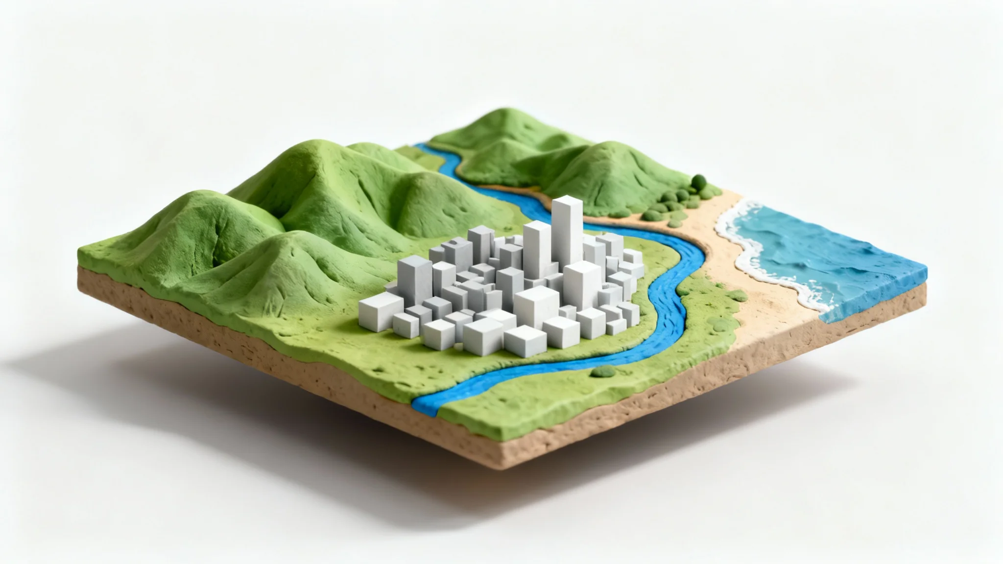 A stylized 3D diorama of a map showing a miniature landscape with green hills, a small city, and a river, isolated on a white background.