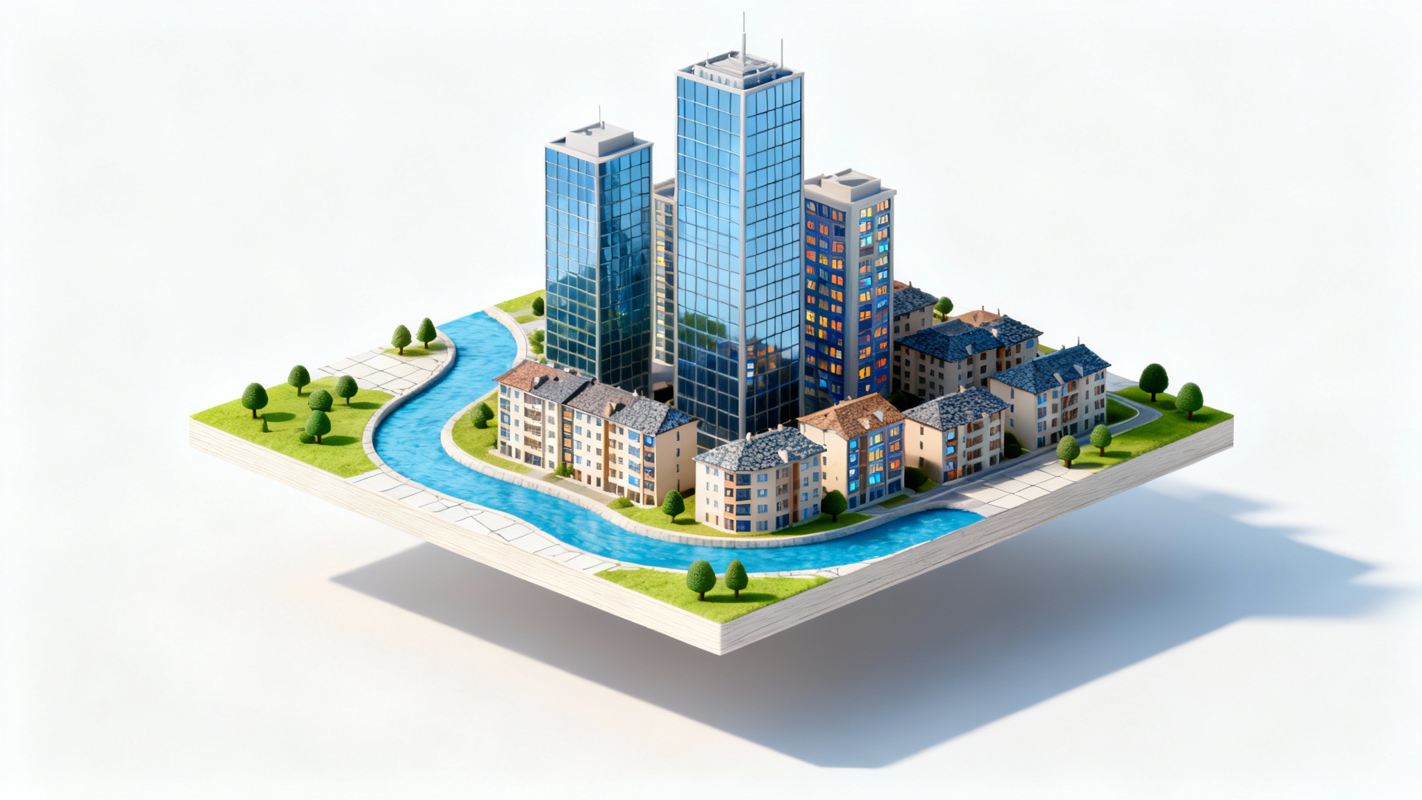 A detailed 3D isometric map of a modern city, showing skyscrapers, parks, and a river, presented as a clean mockup on a white background.