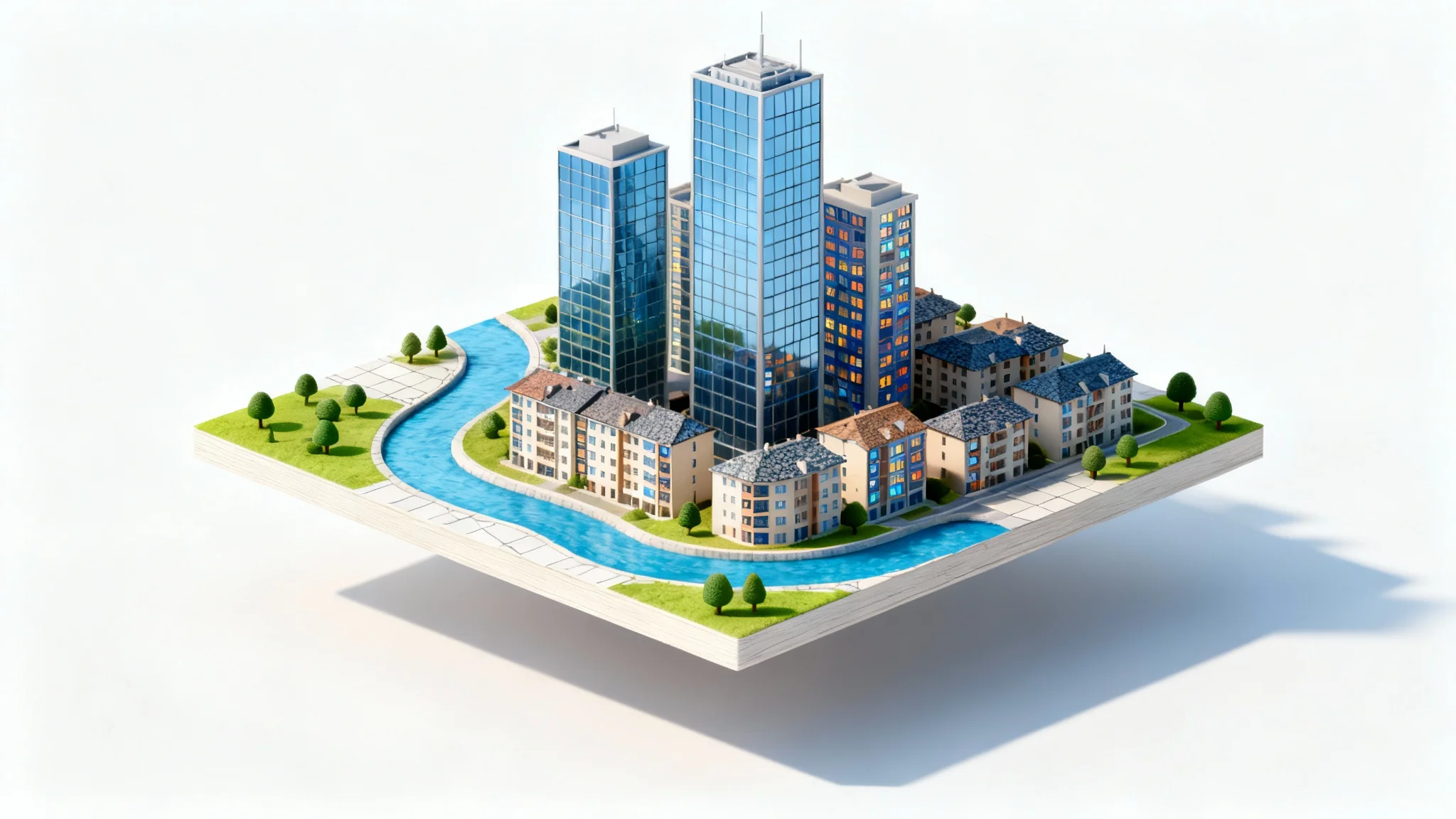 A detailed 3D isometric map of a modern city, showing skyscrapers, parks, and a river, presented as a clean mockup on a white background.