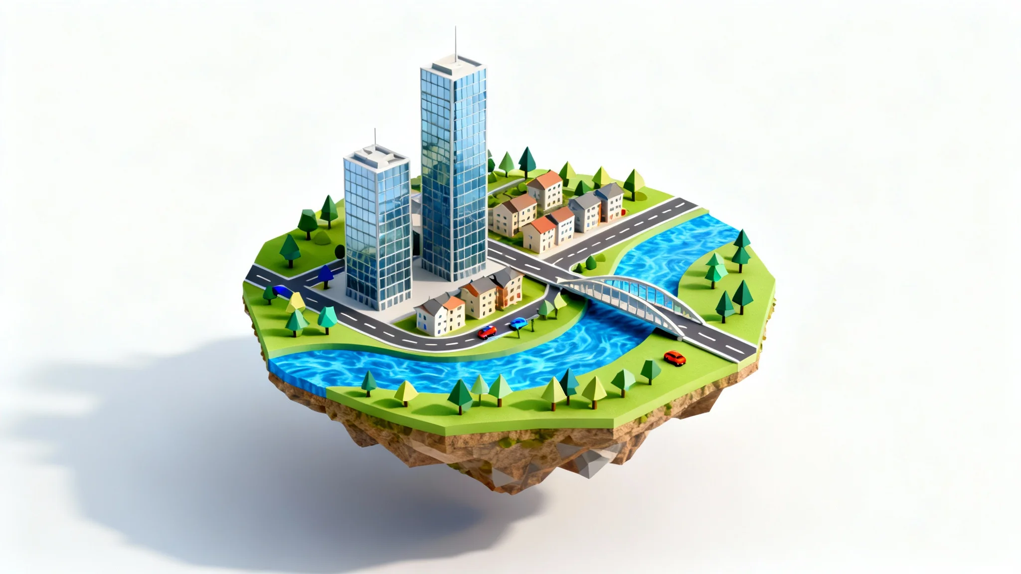 A vibrant, isometric 3D map of a city district, featuring miniature skyscrapers, parks, and roads, presented as a floating diorama on a white background.