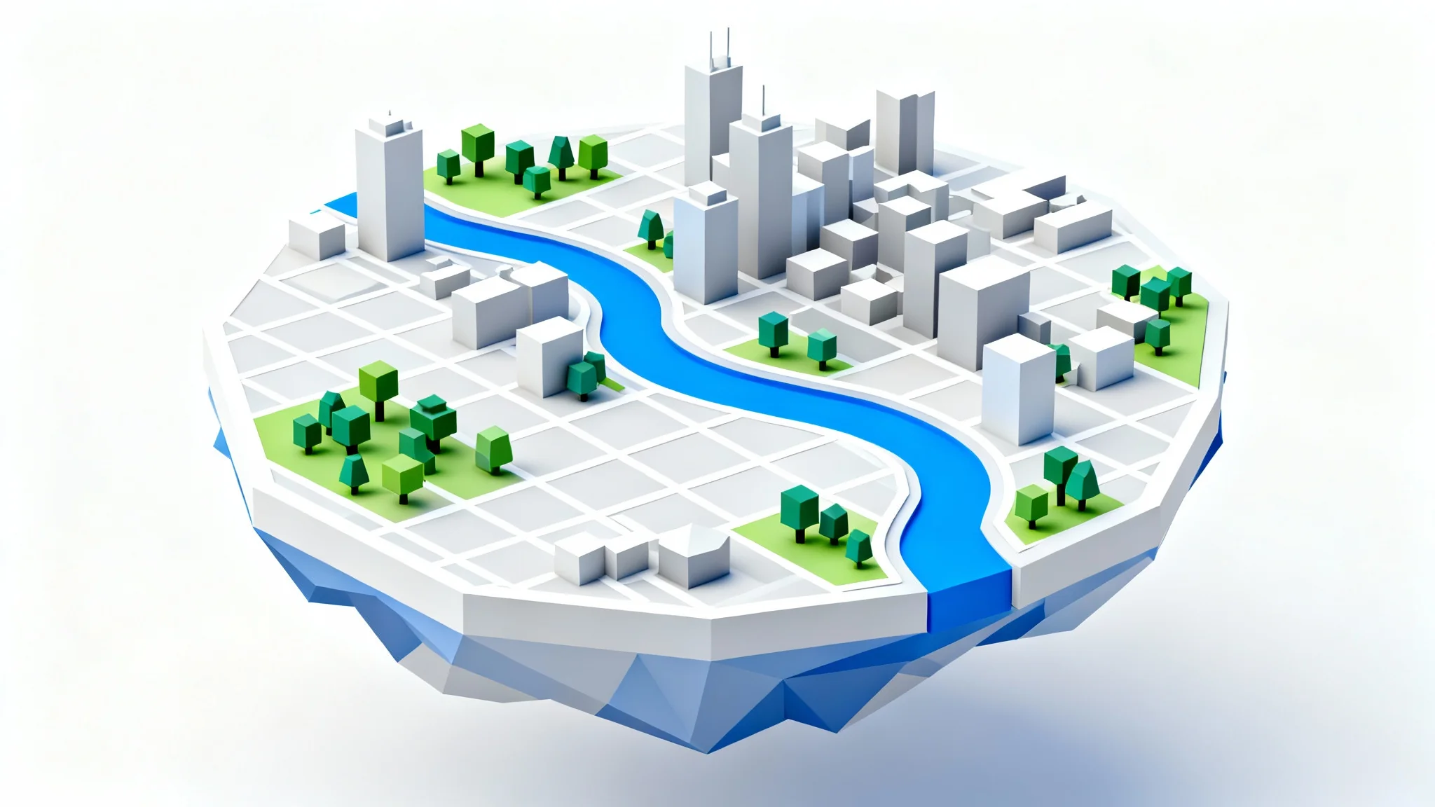 A stylized 3D map of a city district, featuring low-poly buildings, green spaces, and a river, presented in an isometric view on a clean white background.