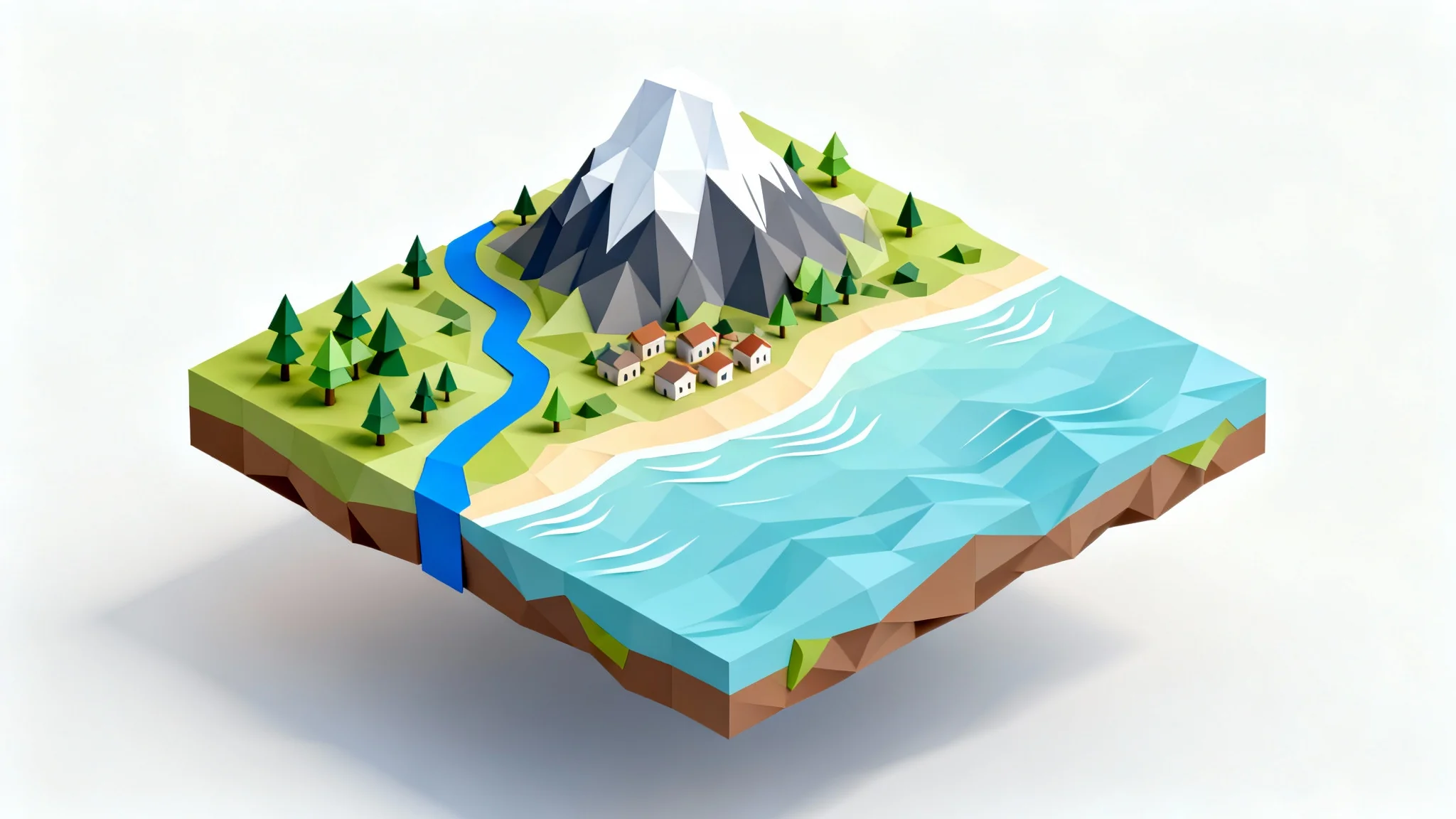 A colorful 3D map diorama of a miniature island with mountains, a village, and a river, shown as a floating block against a plain white background.