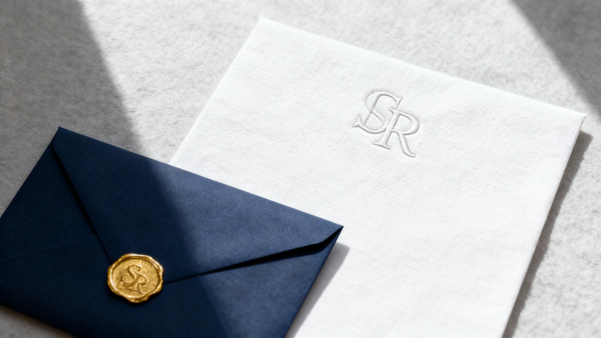 An elegant flat lay of a navy blue and gold stationery set on a light gray textured background, featuring a navy envelope with a gold wax seal and a matching letterhead with an embossed monogram.