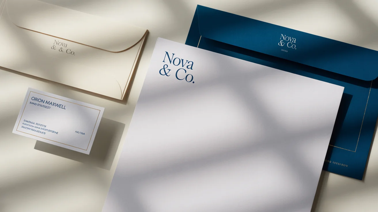 A photorealistic mockup of a corporate stationery set including a letterhead, business card for 'Orion Maxwell', and an envelope, all branded for 'NOVA & CO' in a navy blue and gold design on a white background.