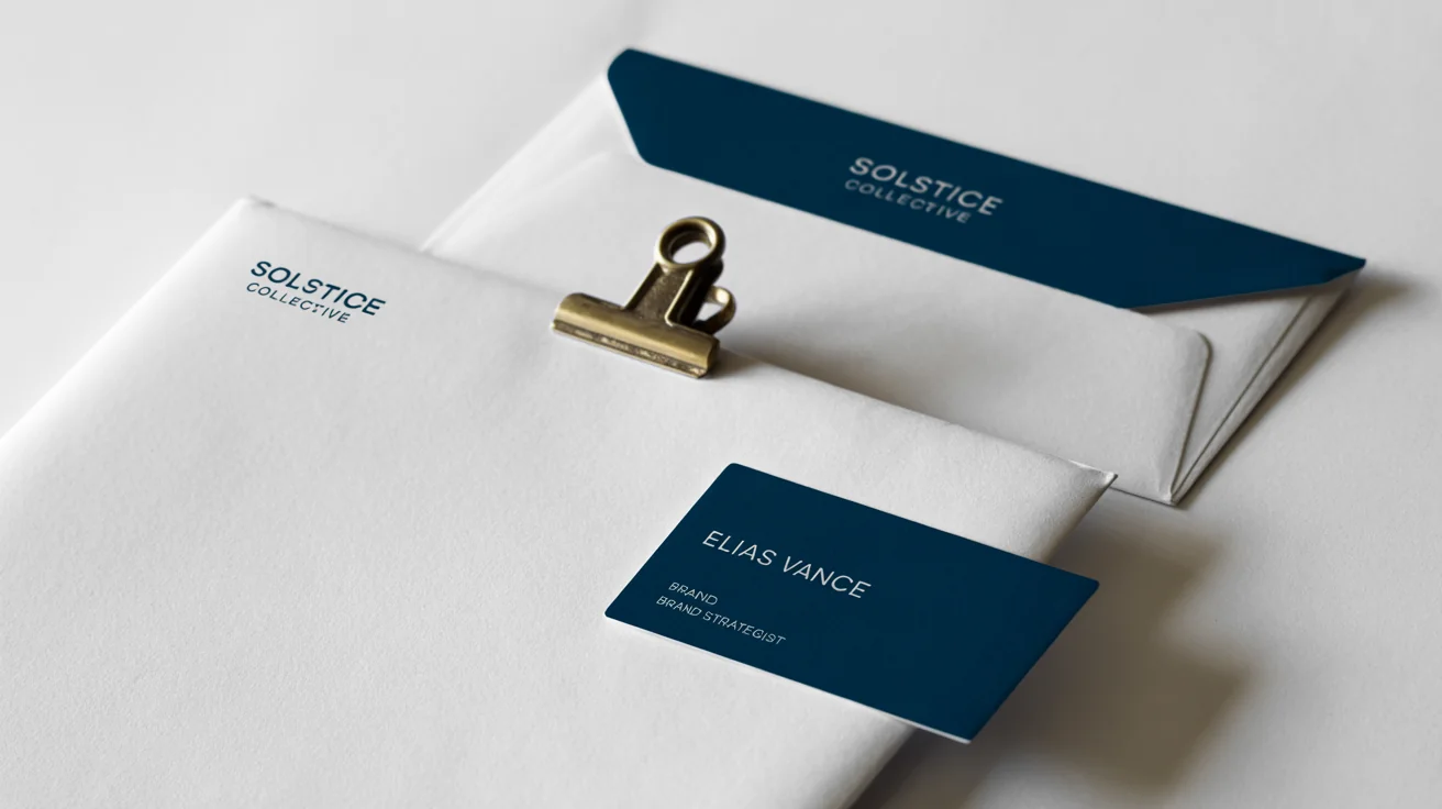 A professionally designed stationery mockup including a letterhead, business card, and envelope for the fictional brand 'Solstice Collective', displayed on a clean white background.