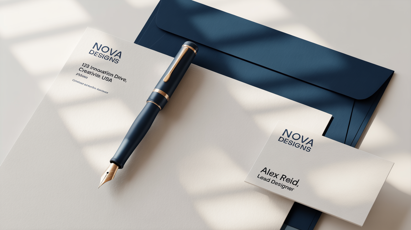 A professional stationery mockup set against a white background, featuring a letterhead, business card, and envelope for 'NOVA DESIGNS' with navy blue and gold accents.