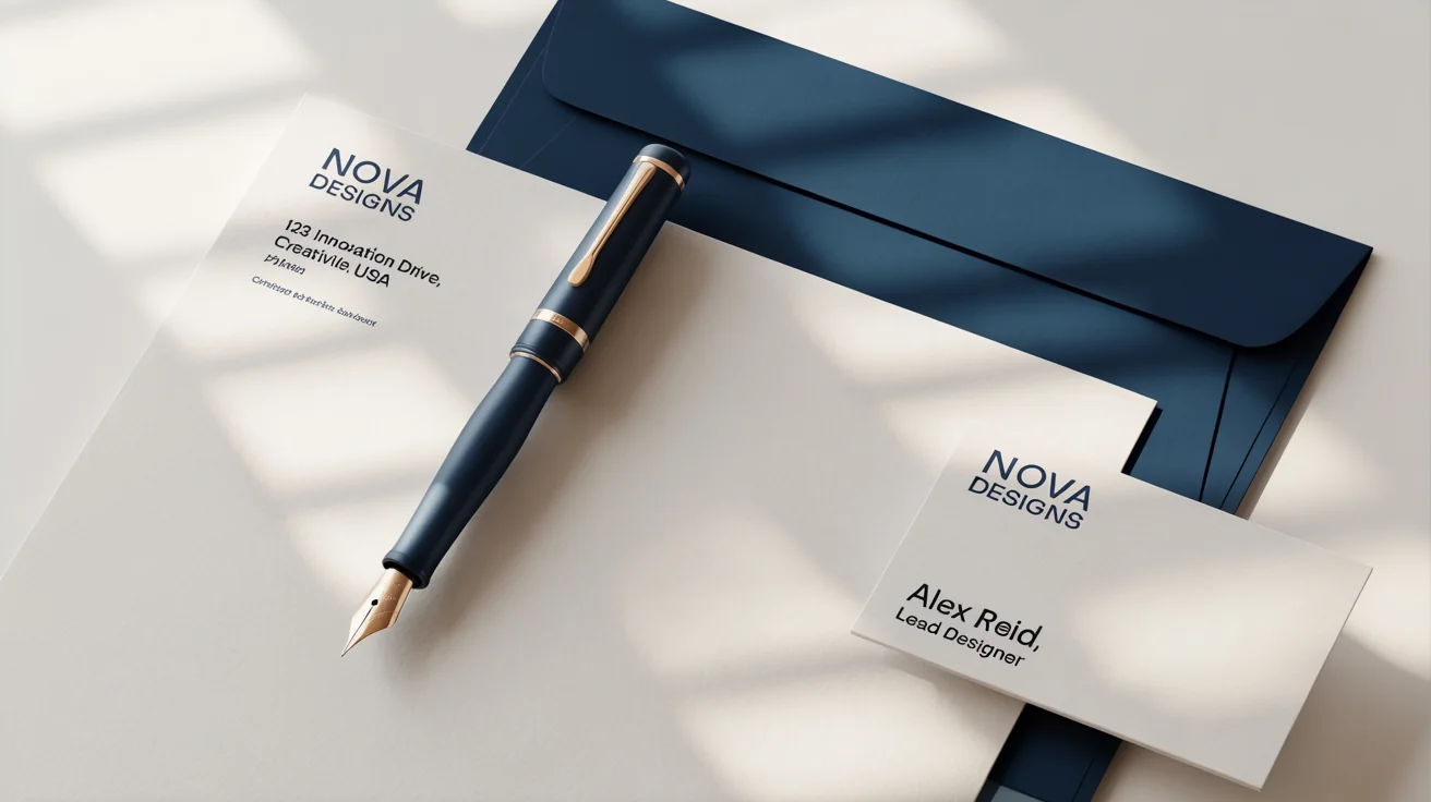 A professional stationery mockup set against a white background, featuring a letterhead, business card, and envelope for 'NOVA DESIGNS' with navy blue and gold accents.