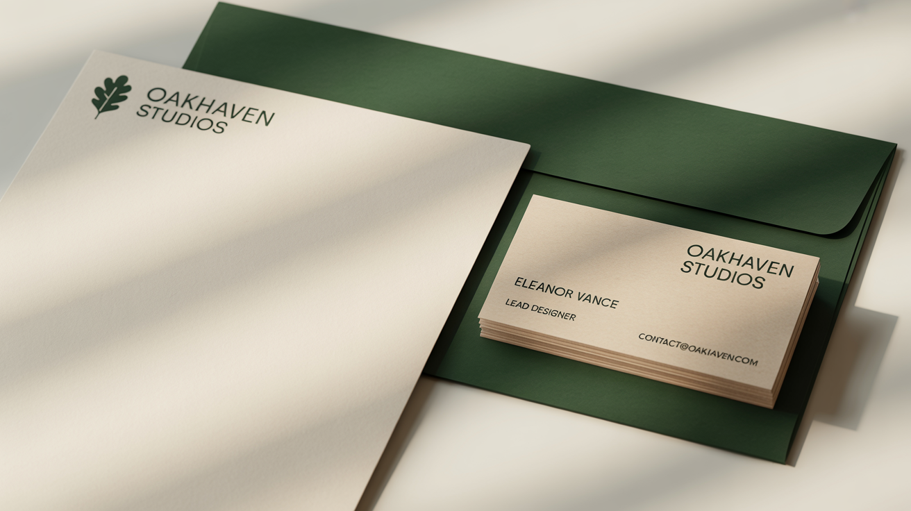 A professional flat lay mockup of a stationery set for 'Oakhaven Studios', including a letterhead, a business card for 'Eleanor Vance', and an envelope, all in a forest green and cream design on a white background.