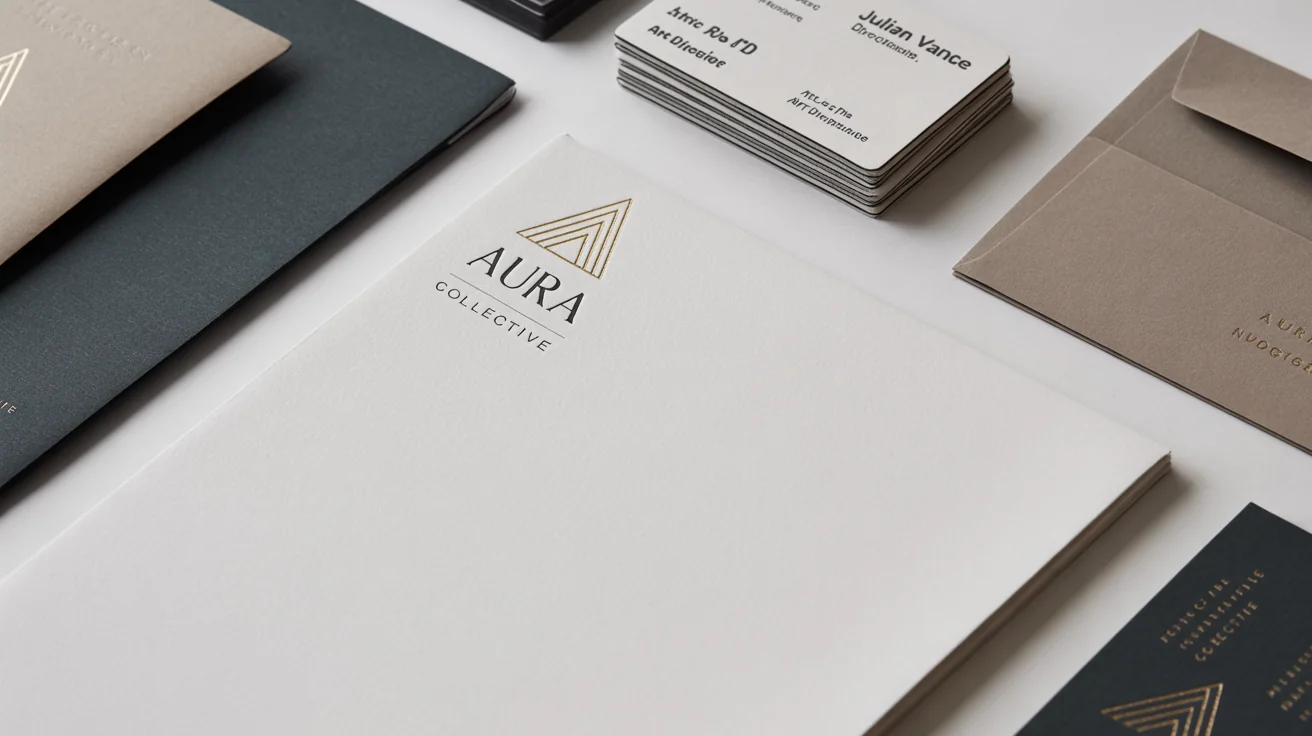 A flat lay of a professional stationery set for a fictional company 'Aura Collective', featuring a letterhead, business cards for 'Julian Vance', and an envelope on a clean white background. The design is modern with charcoal, beige, and gold foil.