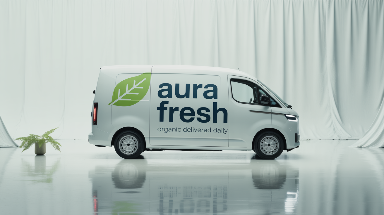 A modern white delivery van with custom branding for a company called 'Aura Fresh', featuring a green leaf logo, shown in a clean studio setting with a white background.