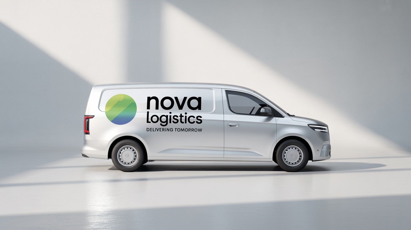 A professional mockup of a white commercial cargo van with branding for the fictional company 'Nova Logistics', shown against a clean white studio background.