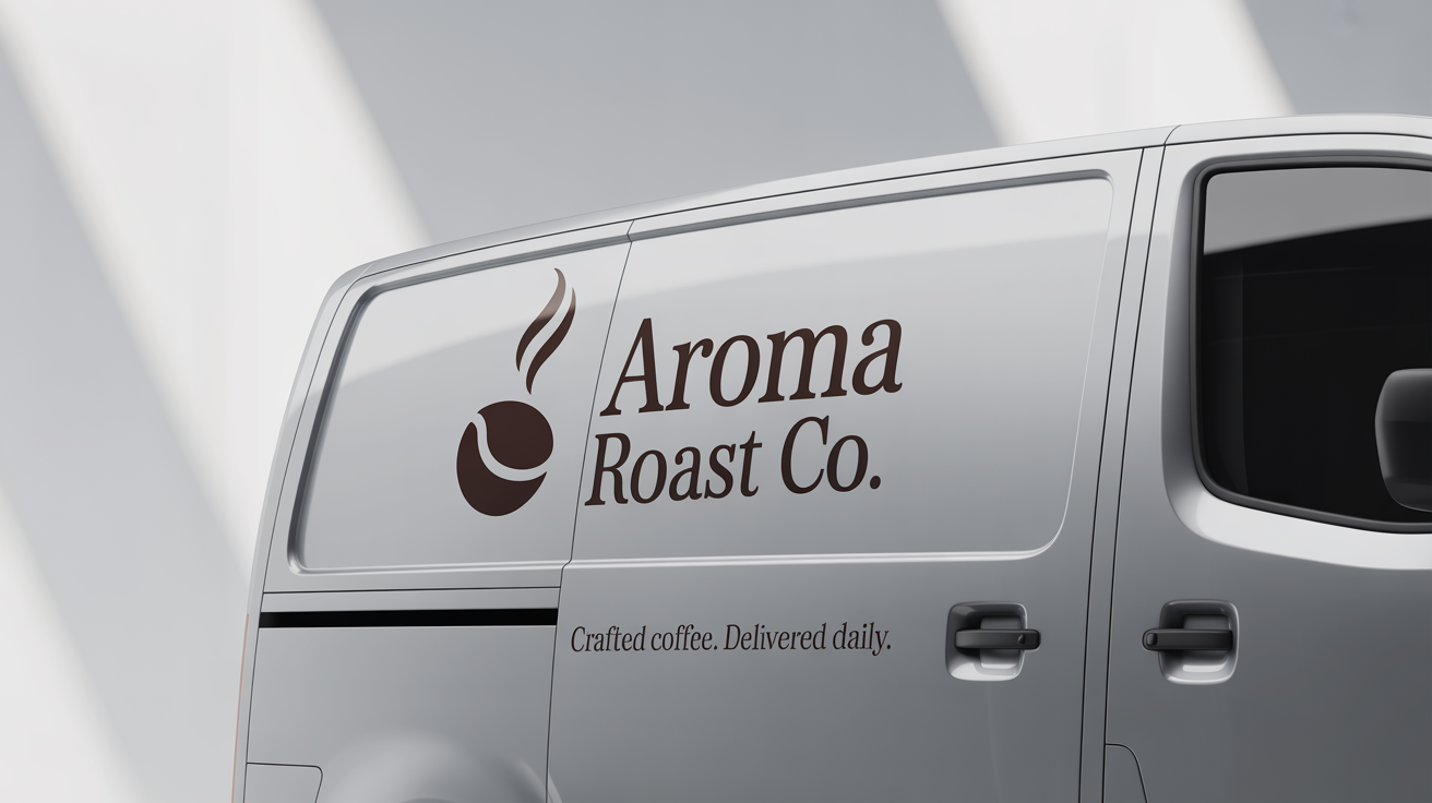 A modern white commercial van with a professional branding mockup for a fictional coffee company, 'Aroma Roast Co.', featuring a coffee bean logo and text against a clean white background.