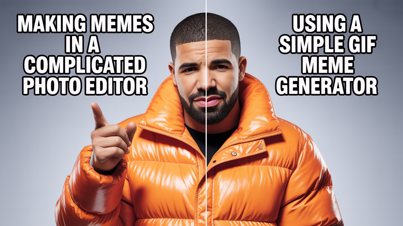 The Drakeposting meme format. The top image shows Drake looking displeased with the text 'Making memes in a complicated photo editor'. The bottom image shows Drake smiling and approving with the text 'Using a simple GIF meme generator'.