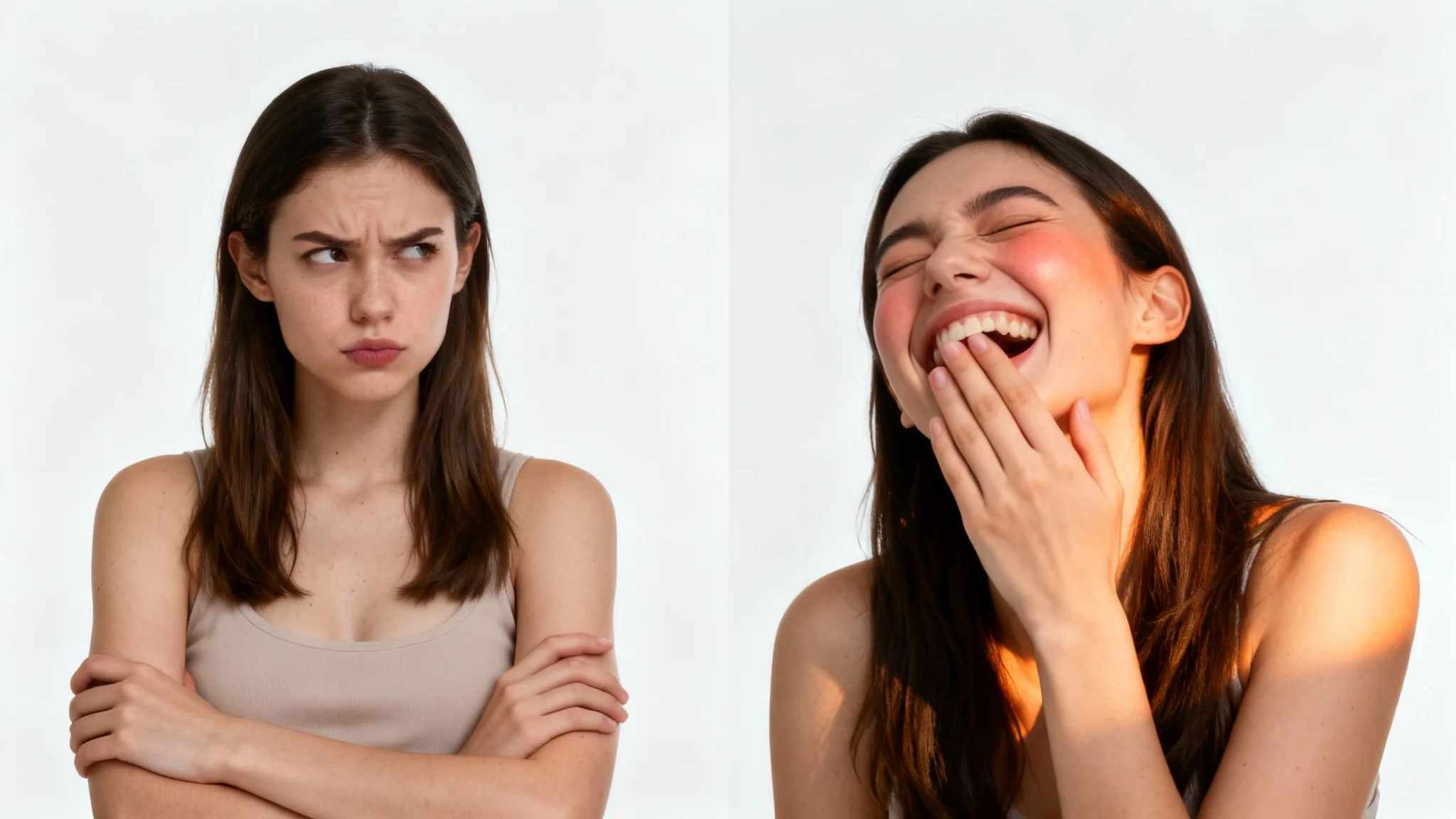 A two-panel image representing a GIF meme. In the first panel, a woman looks skeptical. In the second panel, the same woman is laughing hysterically.