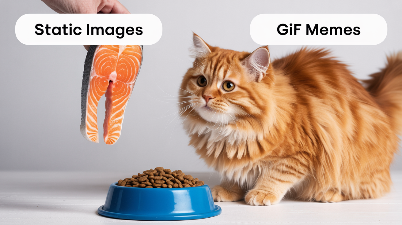 A meme image showing a cat choosing between a bowl of kibble labeled 'Static Images' and a piece of salmon labeled 'GIF Memes', illustrating the superior appeal of animated GIFs.