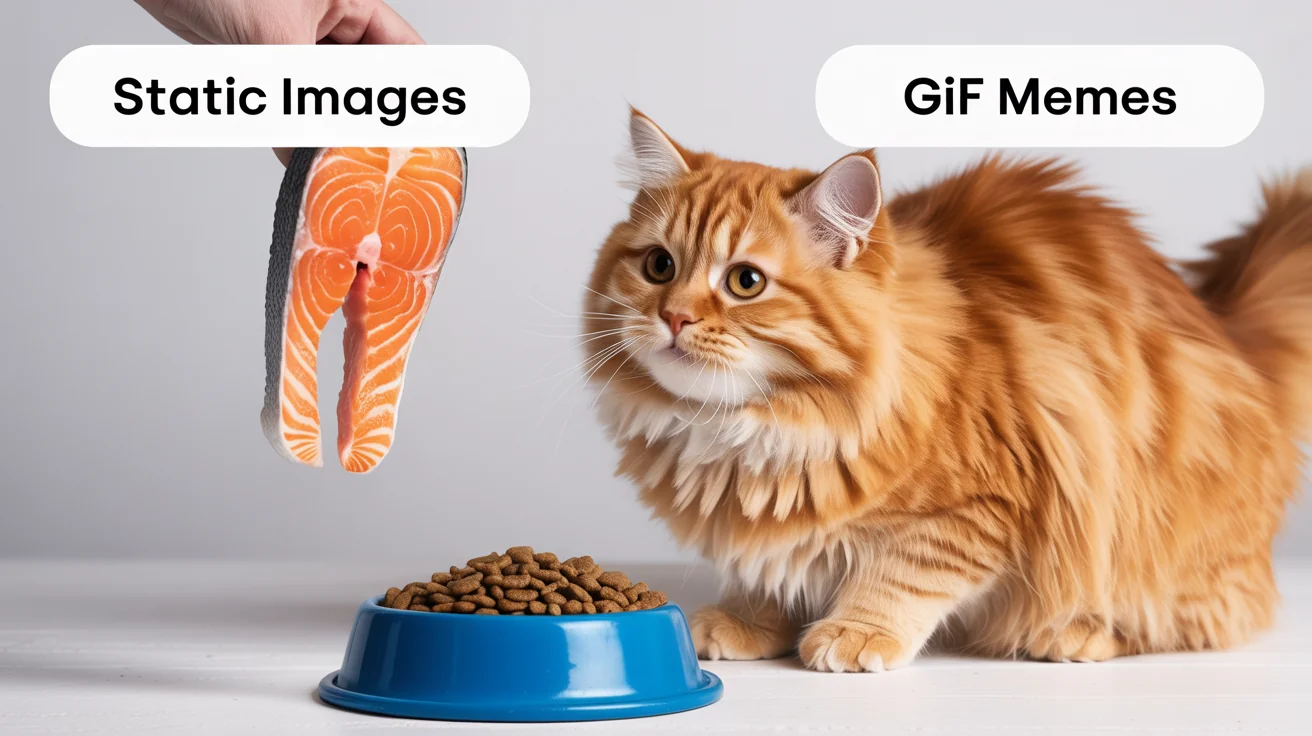 A meme image showing a cat choosing between a bowl of kibble labeled 'Static Images' and a piece of salmon labeled 'GIF Memes', illustrating the superior appeal of animated GIFs.