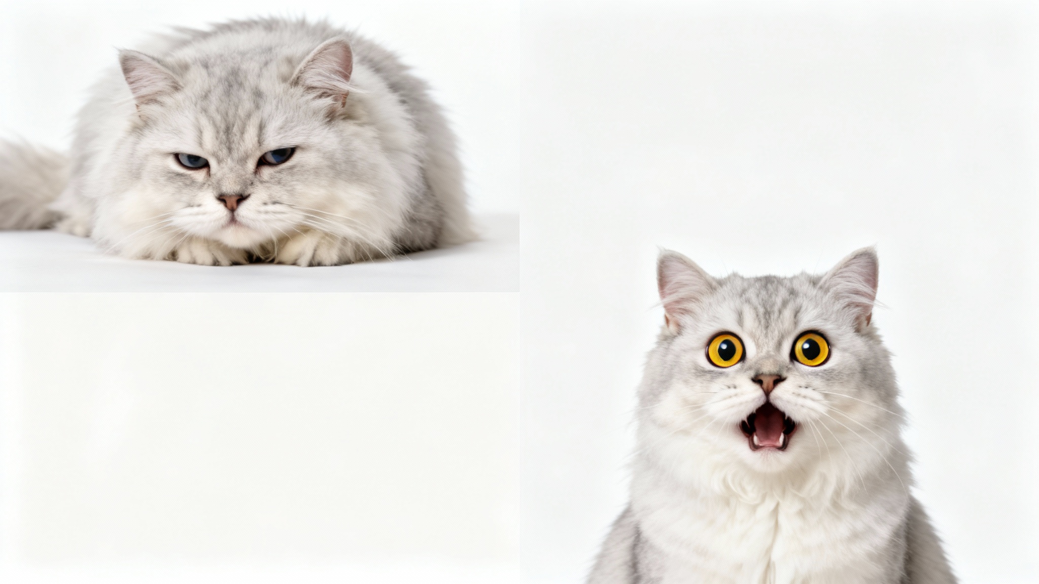 A two-panel meme mockup showing a cat's reaction. In the top panel, the cat looks bored and unimpressed. In the bottom panel, the same cat looks excited and amazed, representing a funny GIF meme.