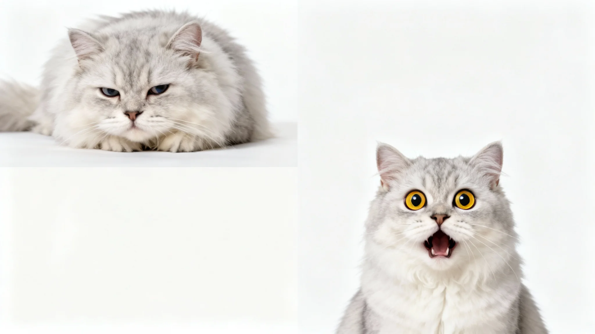 A two-panel meme mockup showing a cat's reaction. In the top panel, the cat looks bored and unimpressed. In the bottom panel, the same cat looks excited and amazed, representing a funny GIF meme.