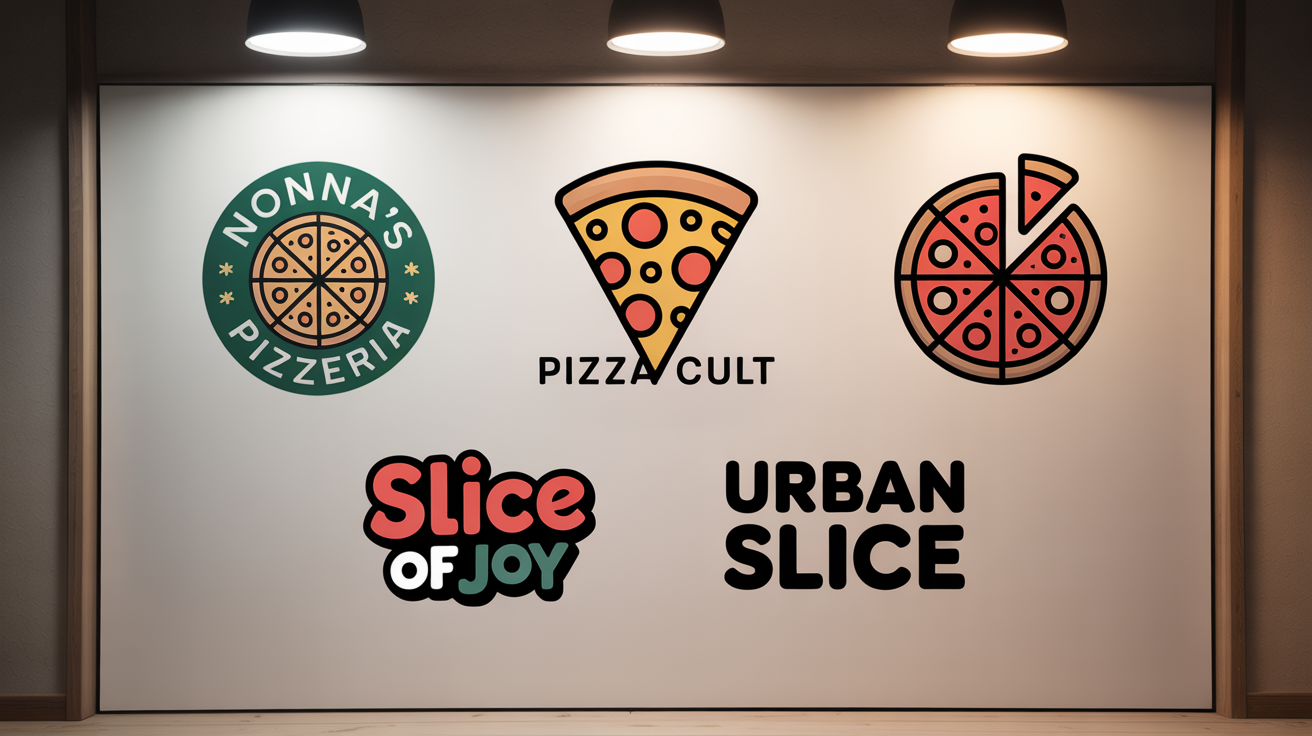 A collection of four professionally designed pizza logos in various styles—classic, modern, and retro—showcased in a clean presentation to represent logo design options.
