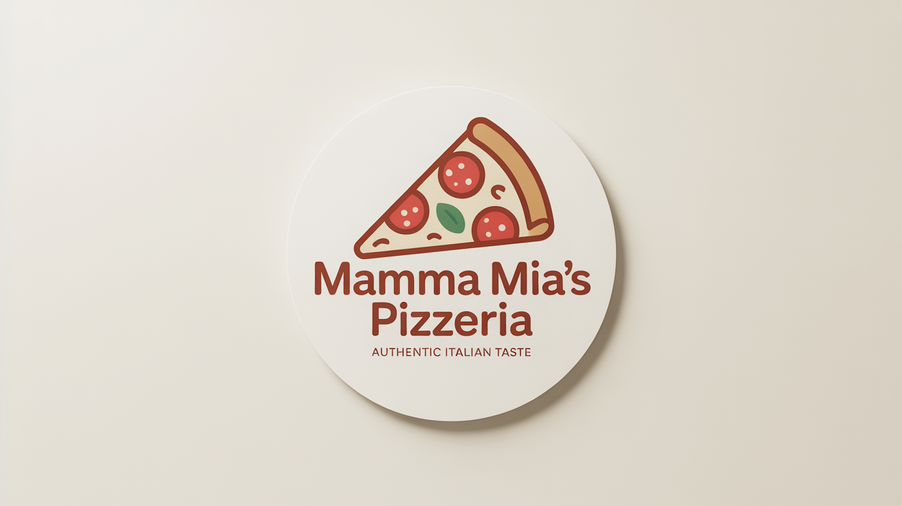 A modern, circular logo for 'Mamma Mia's Pizzeria' featuring a stylized slice of pizza, presented on a crisp white background.